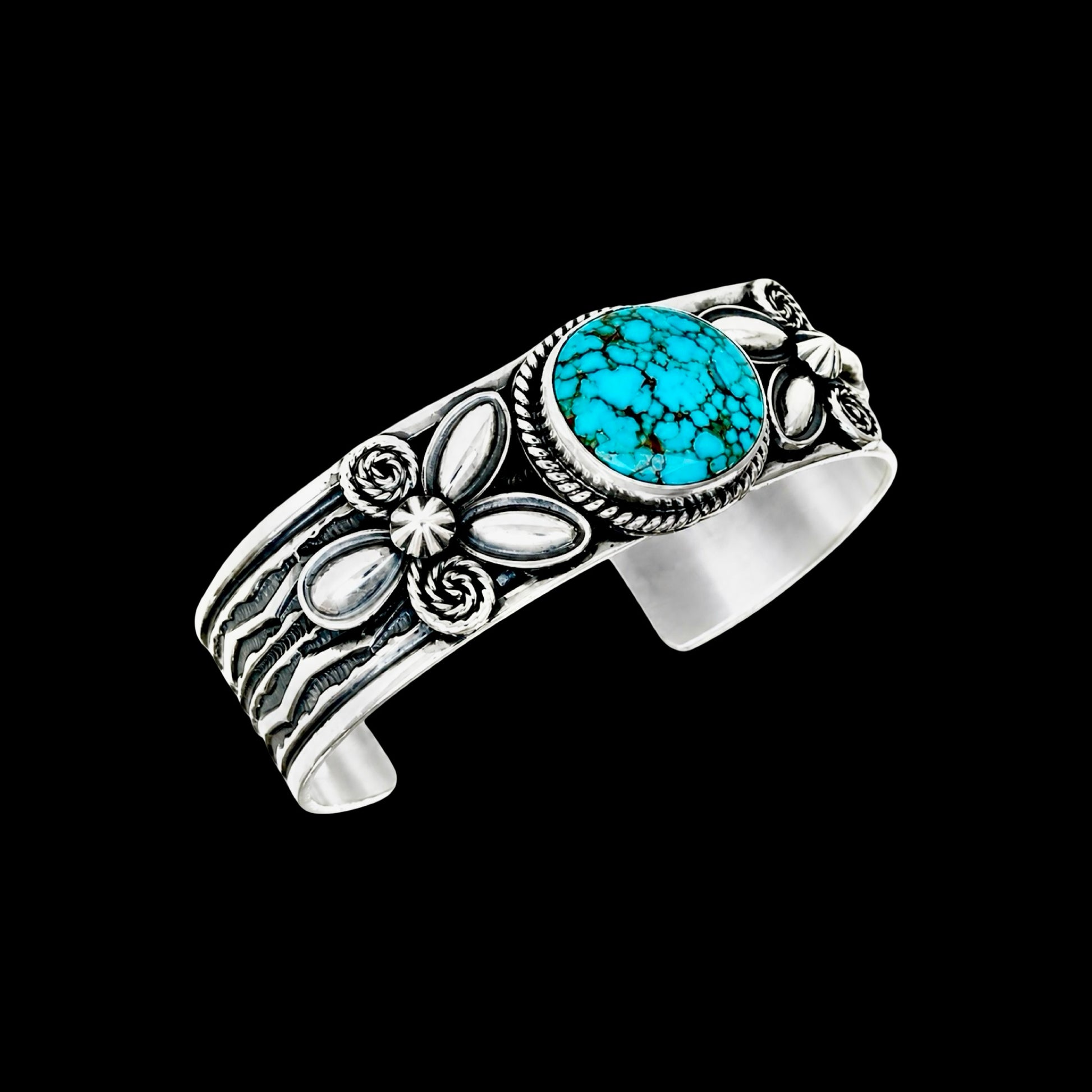 High-Grade Natural Spiderweb Kingman Turquoise cuff handcrafted by Native American artist Andy Cadman
