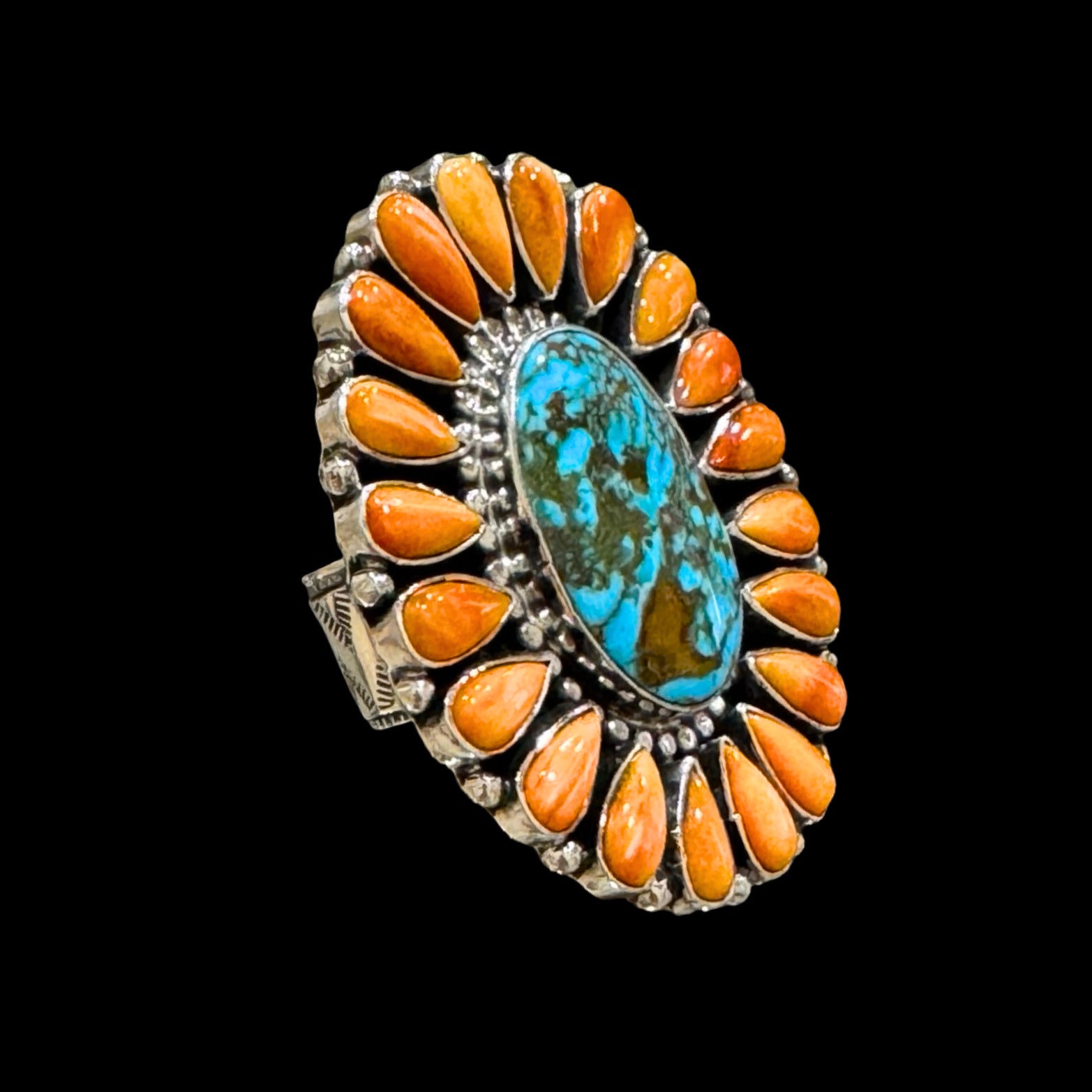 Natural Webbed Kingman & Orange Spiny ring handcrafted by Native American artist Tonya June Raphael