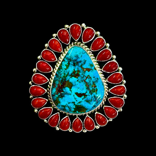 Stormy Mountain Turquoise & Natural Mediterranean Coral ring handcrafted by Native American artist Tonya June Raphael