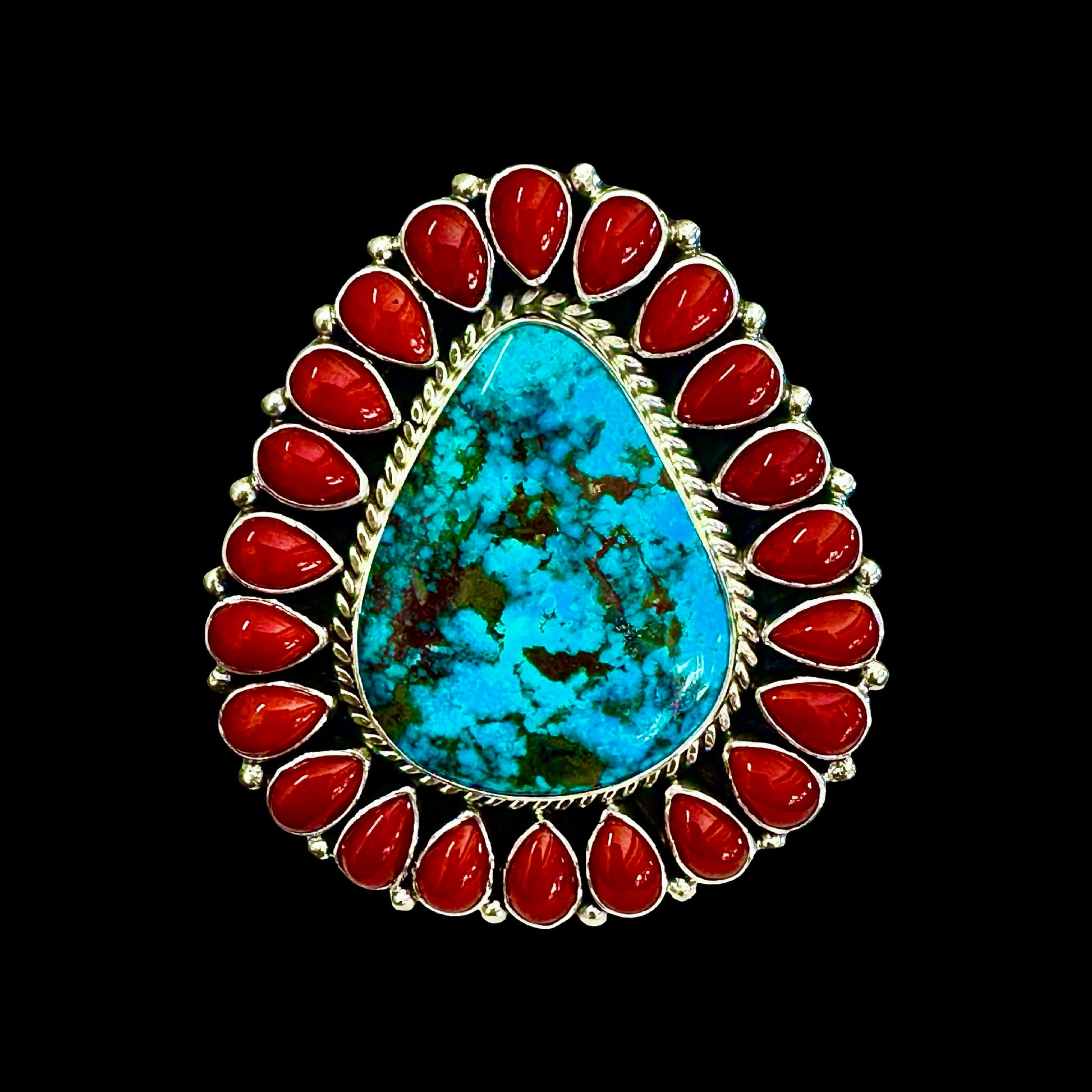 Stormy Mountain Turquoise & Natural Mediterranean Coral ring handcrafted by Native American artist Tonya June Raphael