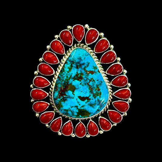 Stormy Mountain Turquoise & Natural Mediterranean Coral ring handcrafted by Native American artist Tonya June Raphael