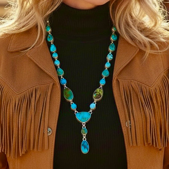 Mixed Mine Turquoise lariat handcrafted by Native American artist Randy Billy