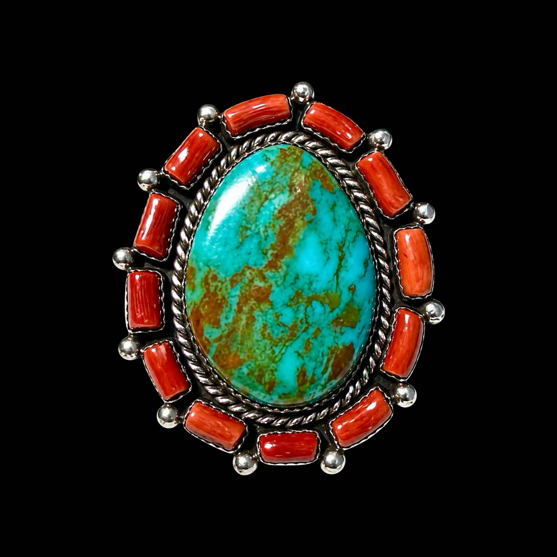 Royston Turquoise & Mediterranean Coral ring handcrafted by Native American artist Lorenzo and Jerilyn Chee