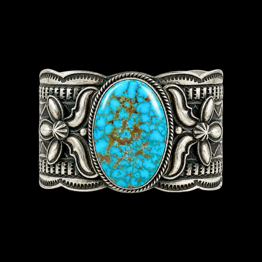 Natural Kingman Turquoise cuff handcrafted by Native American artist Andy Cadman
