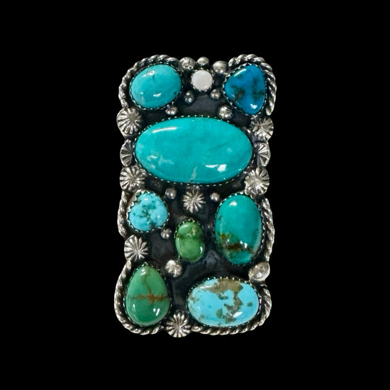 Mixed Mine Turquoise ring handcrafted by Native American artist Lorenzo and Jerilyn Chee