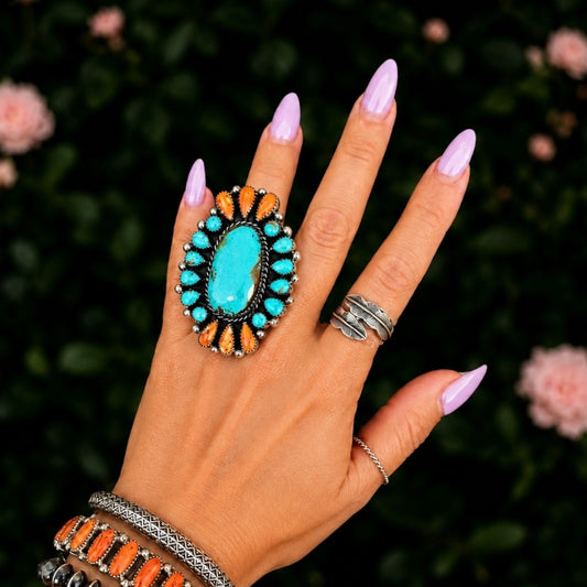 Kingman Turquoise & Orange Spiny Oyster ring handcrafted by Native American artist Lorenzo and Jerilyn Chee