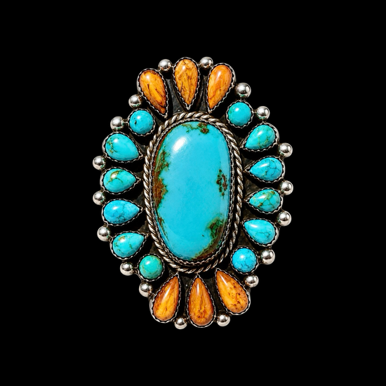 Kingman Turquoise & Orange Spiny Oyster ring handcrafted by Native American artist Lorenzo and Jerilyn Chee