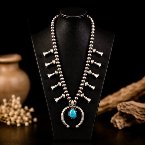 Kingman Turquoise squash blossom handcrafted by Native American artist Preston Haley