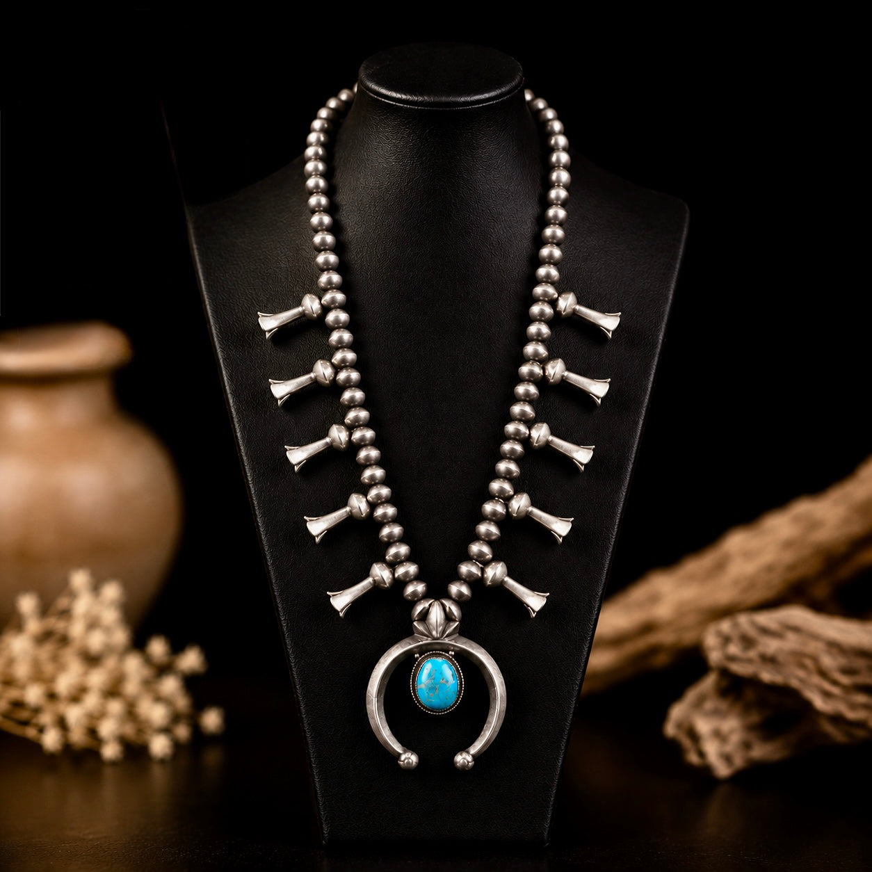 Kingman Turquoise squash blossom handcrafted by Native American artist Preston Haley