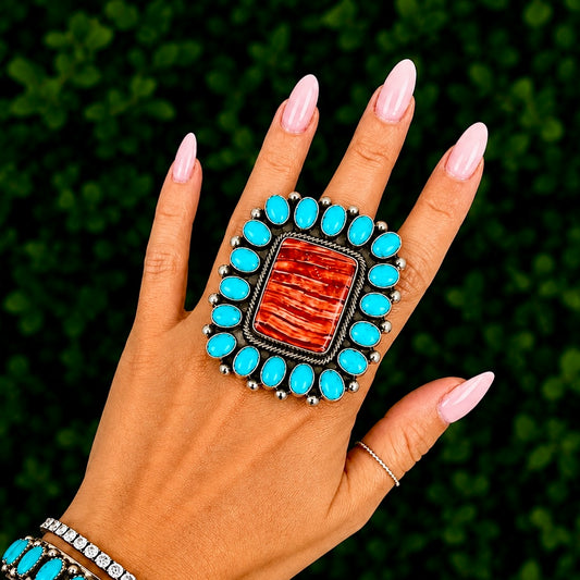 Sleeping Beauty Turquoise and Red Spiny Oyster ring handcrafted by Native American artist Ernest Roy Begay