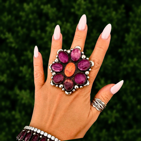 Purple & Orange Spiny Oyster ring handcrafted by Native American artist Marcus Chavez