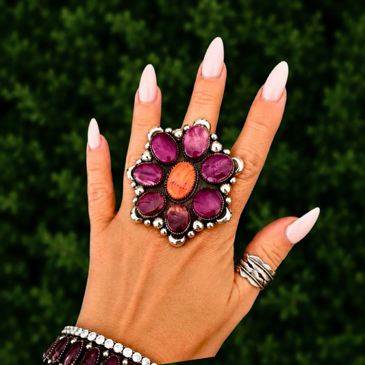 Purple & Orange Spiny Oyster ring handcrafted by Native American artist Marcus Chavez