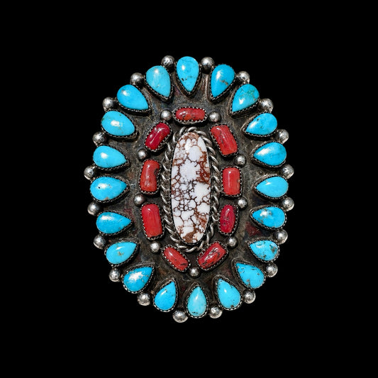 Kingman Turquoise, Mediterranean Coral with Wild Horse Jasper ring handcrafted by Native American artist Lorenzo and Jerilyn Chee