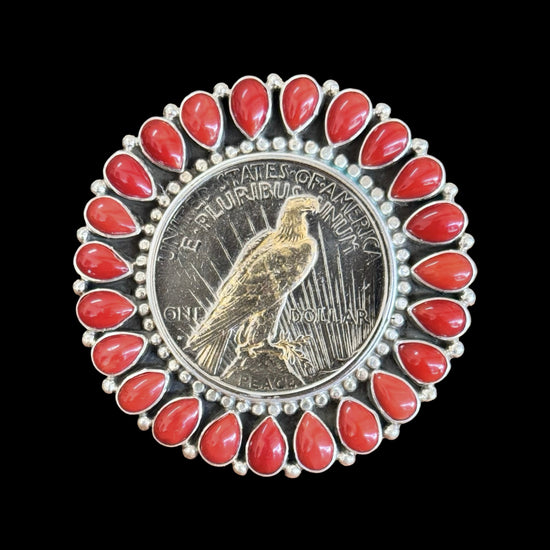 Silver Eagle Dollar & Natural Mediterranean Coral ring handcrafted by Native American artist Tonya June Raphael