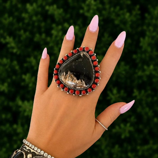 Picture Jasper & Mediterranean Coral (Adjustable) ring handcrafted by Native American artist Geraldine James