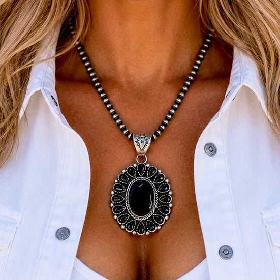 Black Onyx pendant handcrafted by Native American artist Lorenzo and Jerilyn Chee