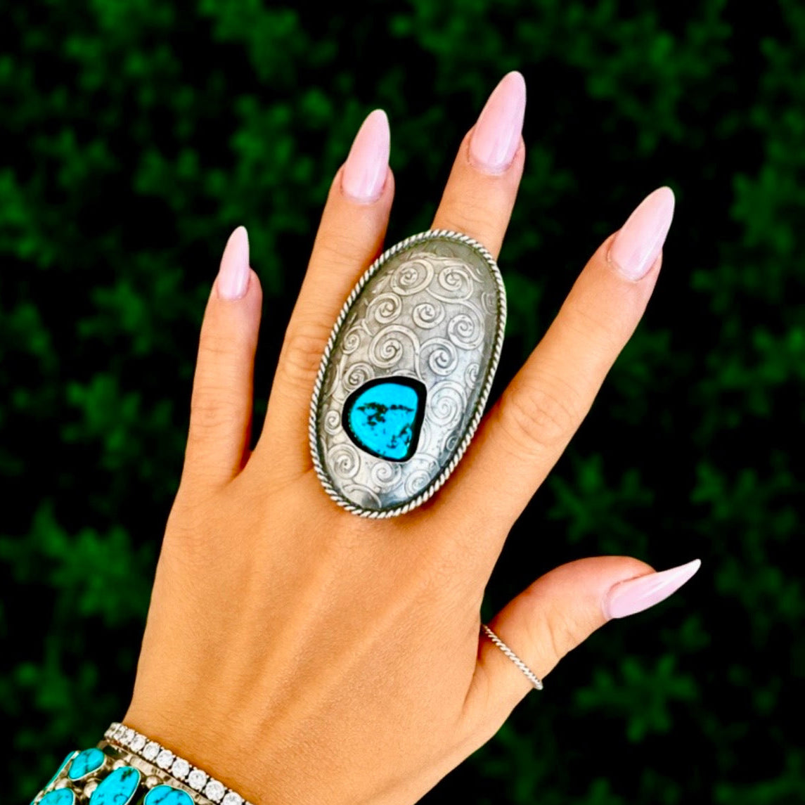 Sleeping Beauty Turquoise & Stamped Sterling Silver ring handcrafted by Native American artist Marcus Chavez