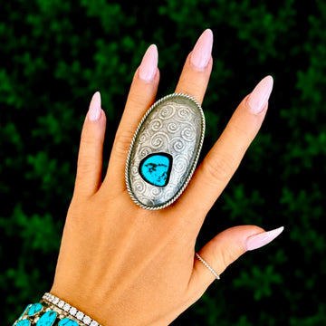 Sleeping Beauty Turquoise & Stamped Sterling Silver ring handcrafted by Native American artist Marcus Chavez