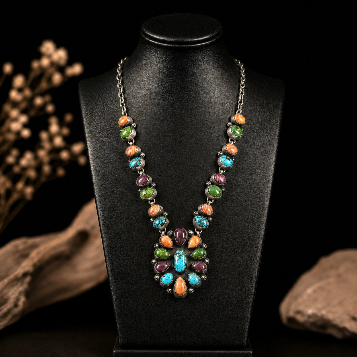 Mixed Mine Turquoise necklace handcrafted by Native American artist Lena Platero
