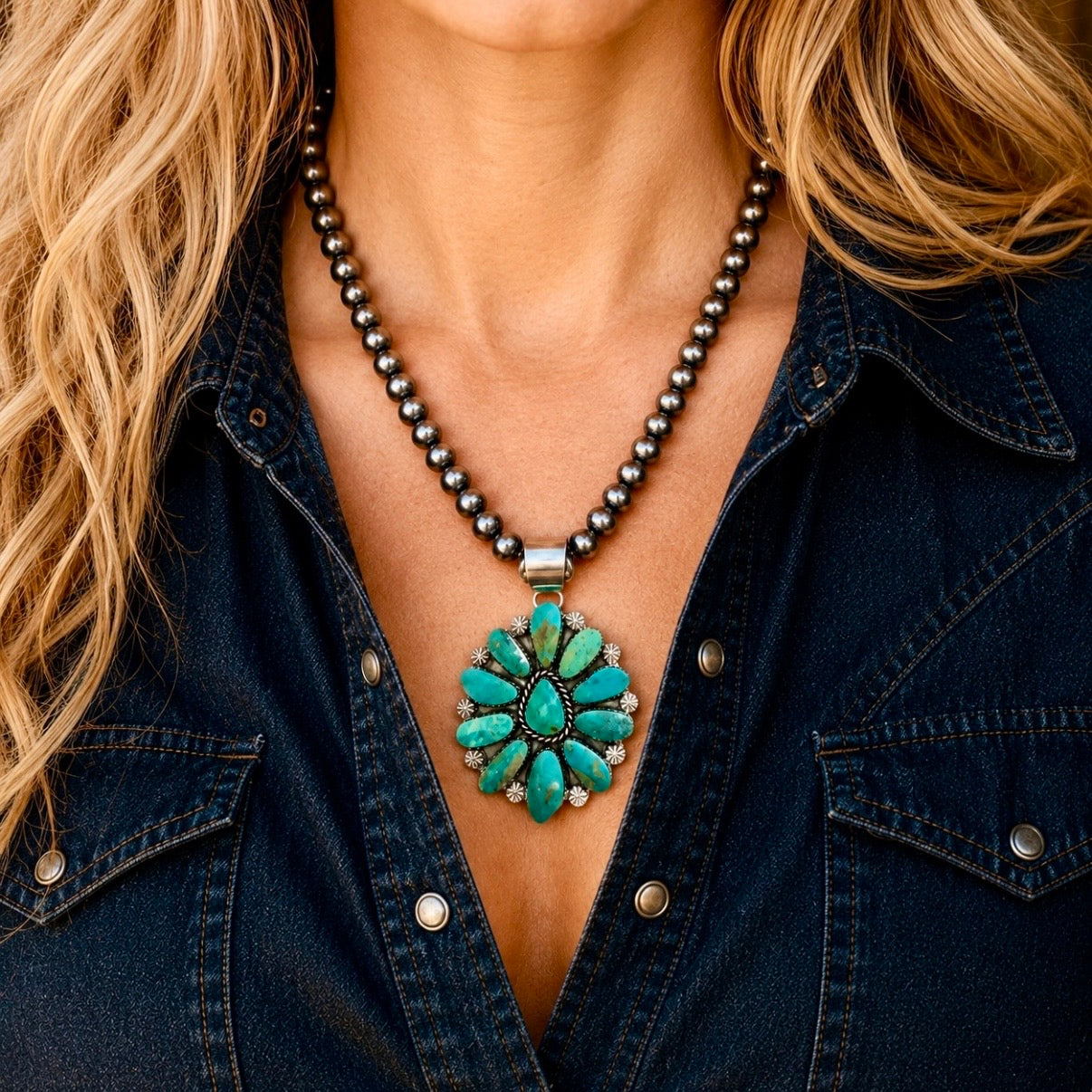 Turquoise cluster  necklace with silver clasp on a black background by Lorenzo and Jerilyn Chee