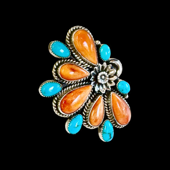 Orange Spiny Oyster with Kingman Turquoise ring handcrafted by Native American artist Hemerson Brown
