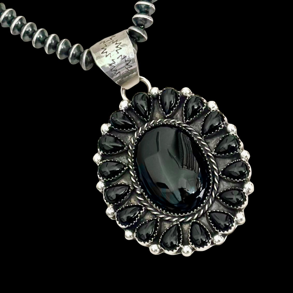 Black Onyx pendant handcrafted by Native American artist Lorenzo and Jerilyn Chee