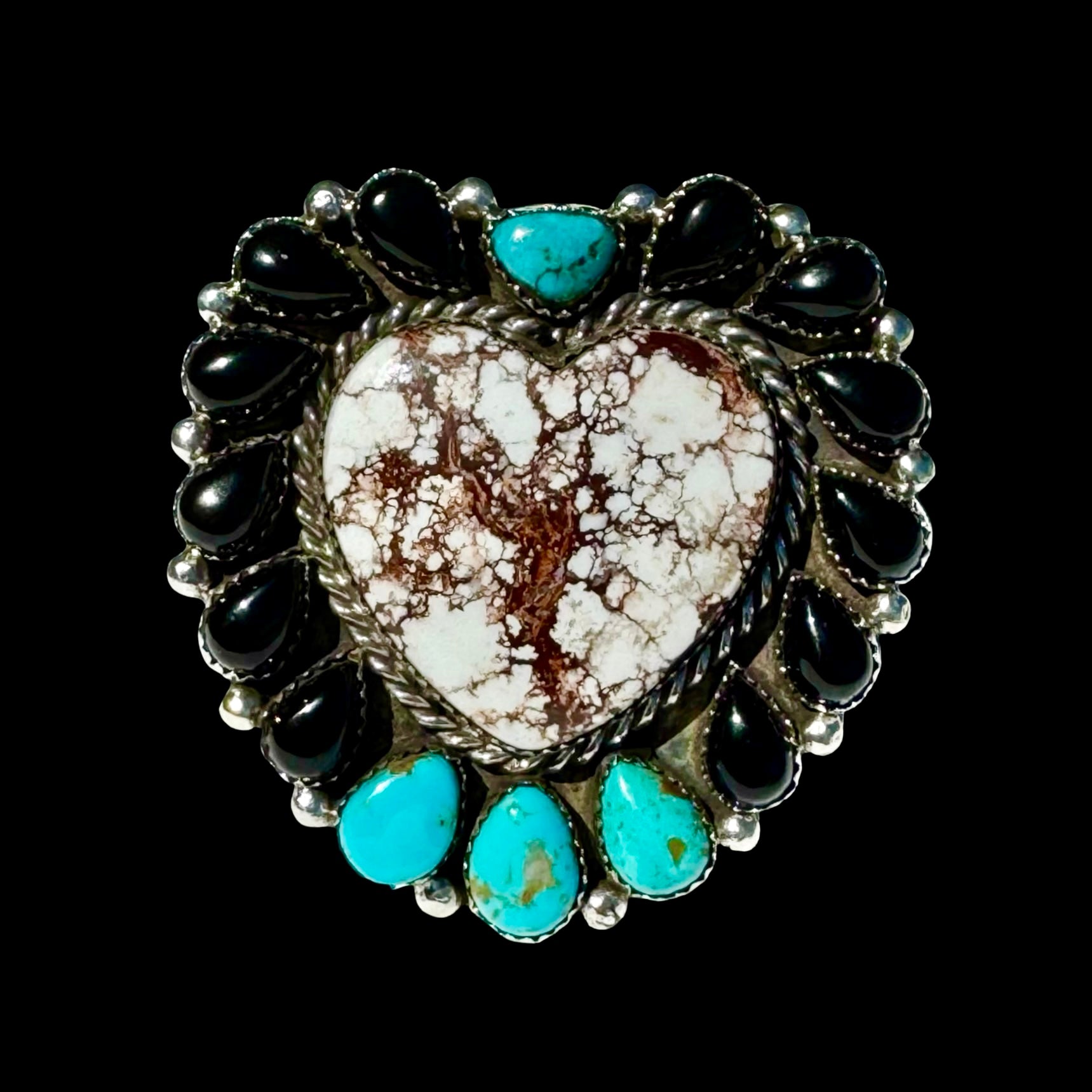 Campitos Turquoise, Black Onyx & Wild Horse Jasper ring handcrafted by Native American artist Lorenzo and Jerilyn Chee