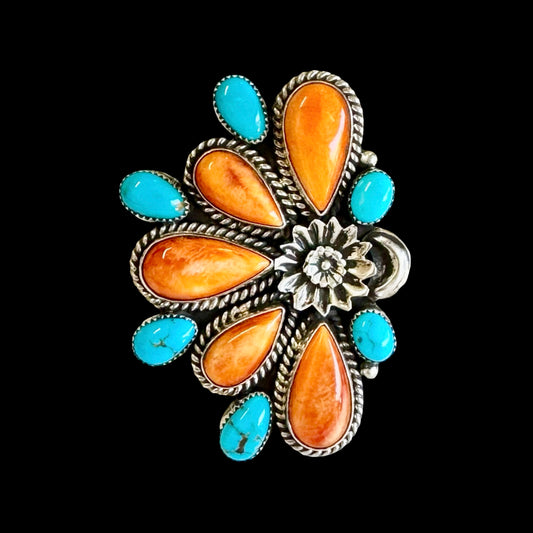 Orange Spiny Oyster with Kingman Turquoise ring handcrafted by Native American artist Hemerson Brown