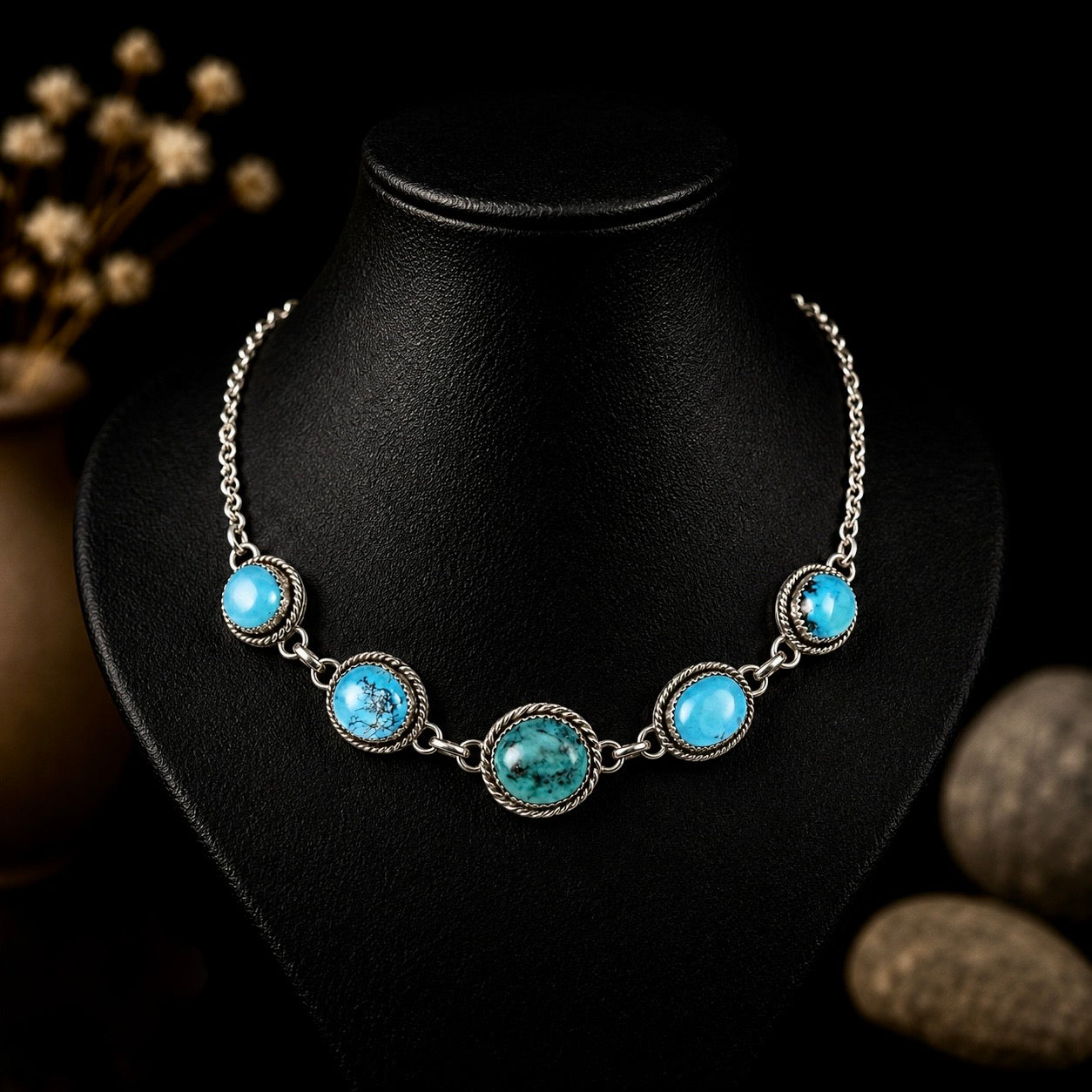 Kingman Turquoise choker handcrafted by Native American artist Lorenzo and Jerilyn Chee