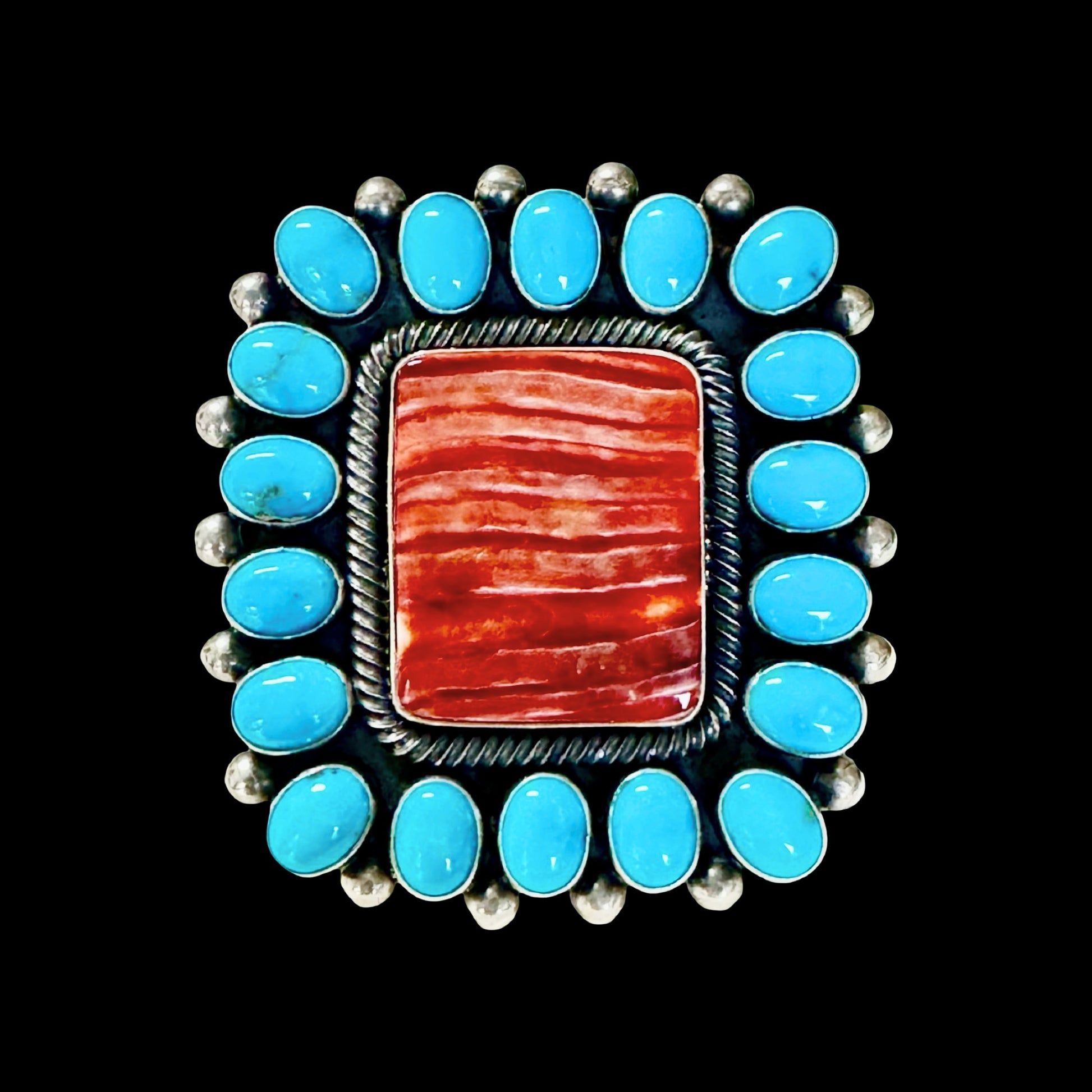 Sleeping Beauty Turquoise and Red Spiny Oyster ring handcrafted by Native American artist Ernest Roy Begay