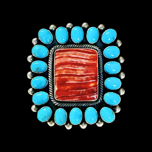 Sleeping Beauty Turquoise and Red Spiny Oyster ring handcrafted by Native American artist Ernest Roy Begay
