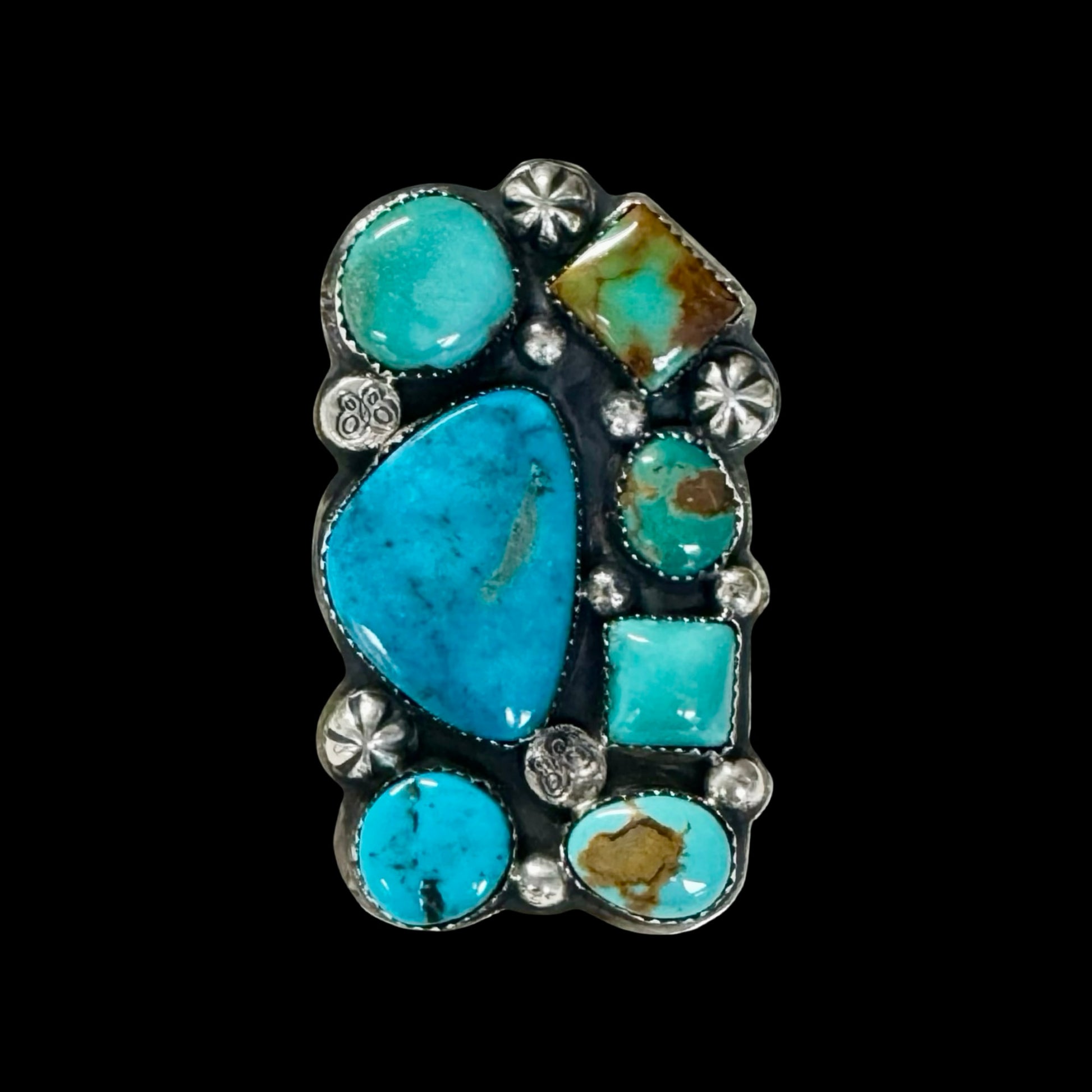 Mixed Mine Turquoise ring handcrafted by Native American artist Lorenzo and Jerilyn Chee