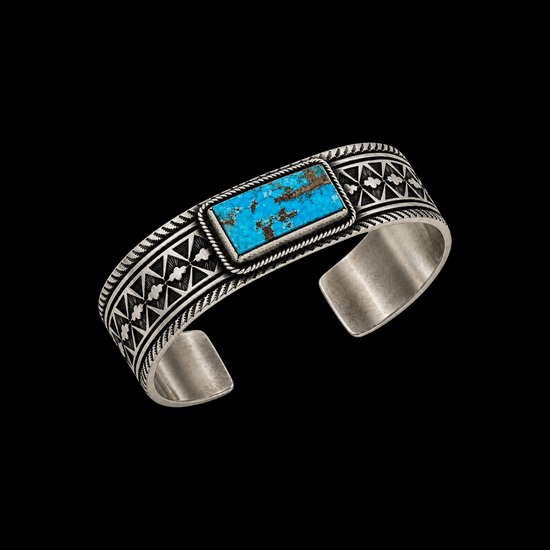 Gem Grade Natural WaterWeb Kingman Turquoise cuff handcrafted by Native American artist Calvin Martinez