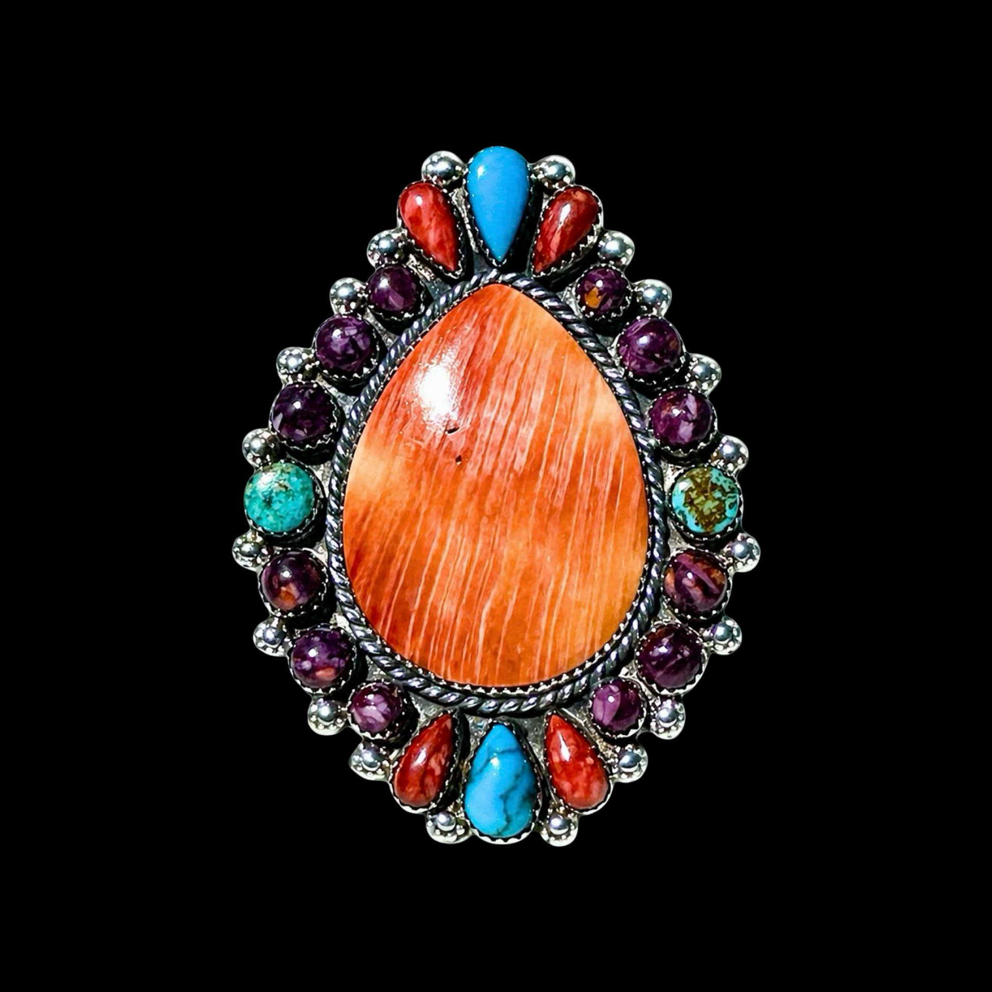 Kingman Turquoise & Spiny Oyster Mix ring handcrafted by Native American artist Lorenzo and Jerilyn Chee