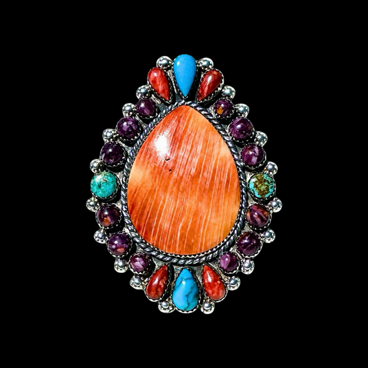 Kingman Turquoise & Spiny Oyster Mix ring handcrafted by Native American artist Lorenzo and Jerilyn Chee