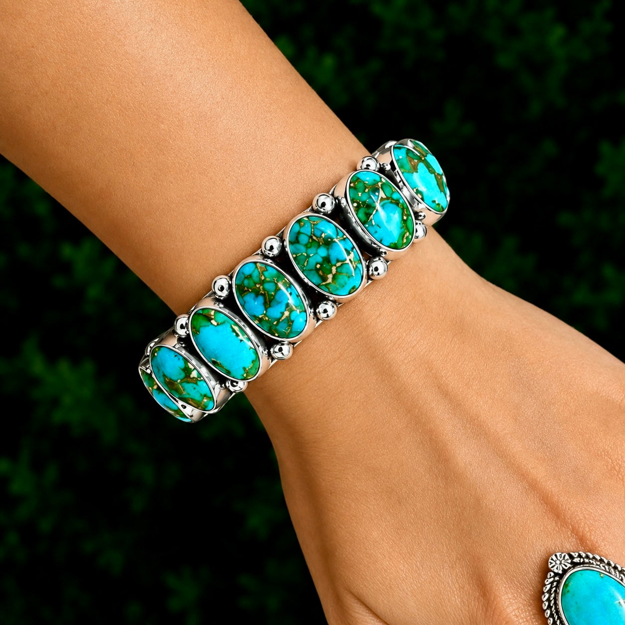 9 Stone Natural Sonoran Gold Turquoise cuff handcrafted by Native American artist Albert Jake (Heavy by Hand)