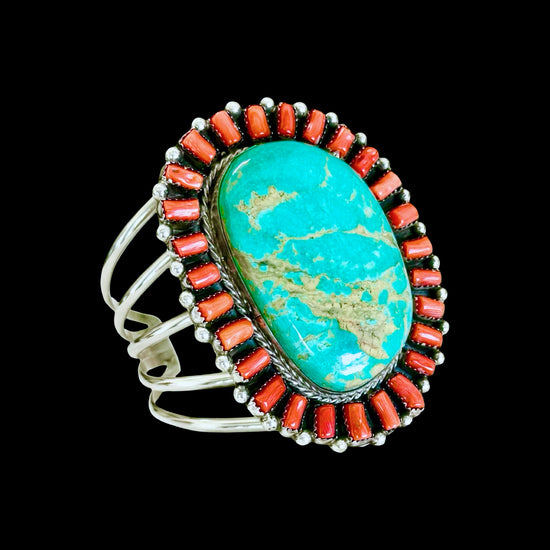 Royston Turquoise & Mediterranean Coral cuff handcrafted by Native American artist Lorenzo and Jerilyn Chee