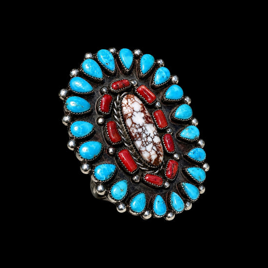 Kingman Turquoise, Mediterranean Coral with Wild Horse Jasper ring handcrafted by Native American artist Lorenzo and Jerilyn Chee