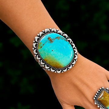 Kingman Turquoise cuff handcrafted by Native American artist Marcus Chavez
