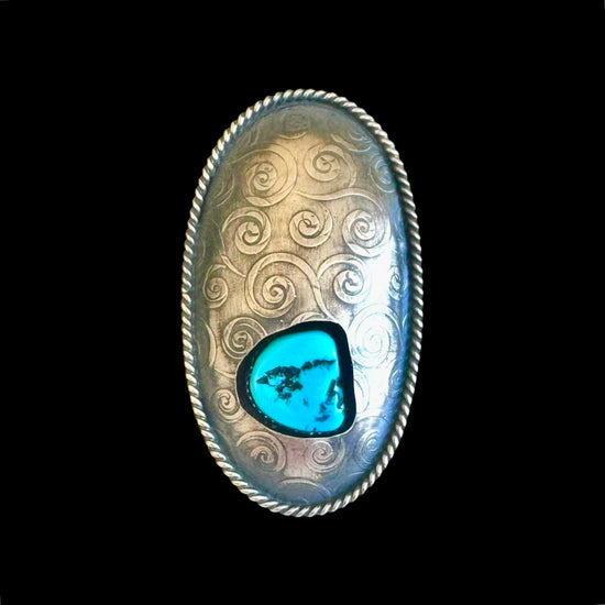 Sleeping Beauty Turquoise & Stamped Sterling Silver ring handcrafted by Native American artist Marcus Chavez