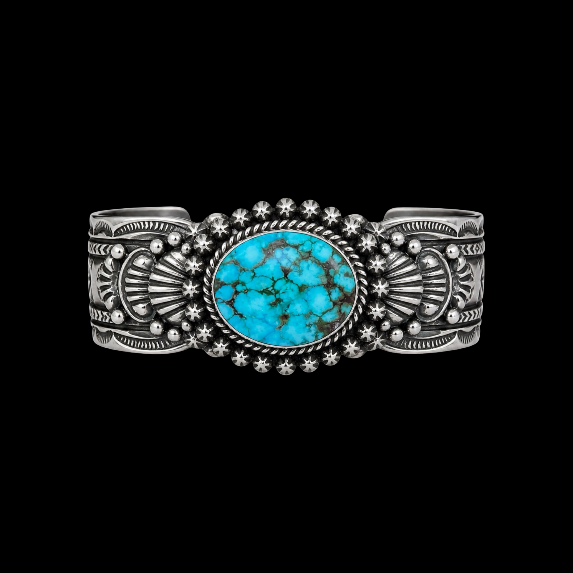 Natural Spiderweb Kingman Turquoise cuff handcrafted by Native American artist Happy Piasso