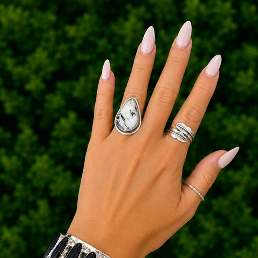 White Buffalo Dolomite ring handcrafted by Native American artist Antoinette Martinez