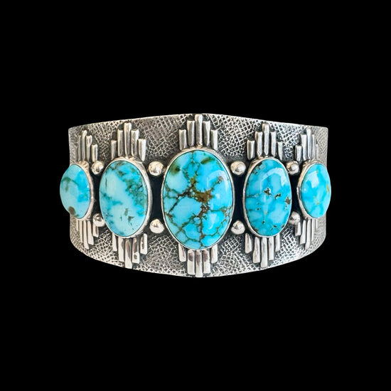 Natural Birdseye Kingman Turquoise cuff handcrafted by Native American artist Murphy Platero