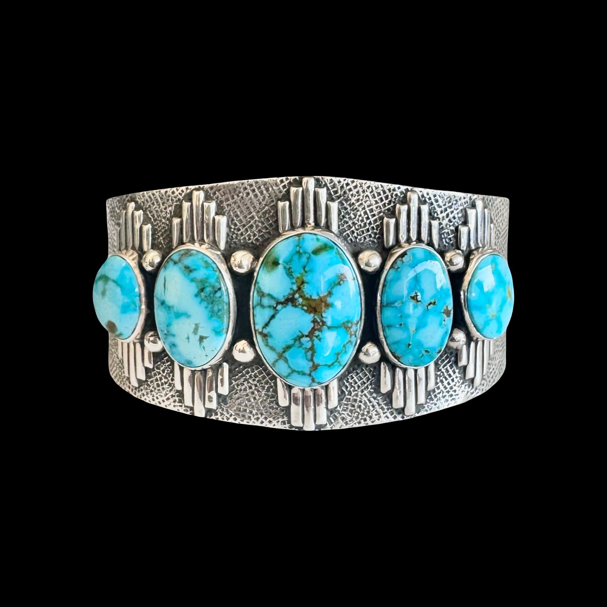 Natural Birdseye Kingman Turquoise cuff handcrafted by Native American artist Murphy Platero