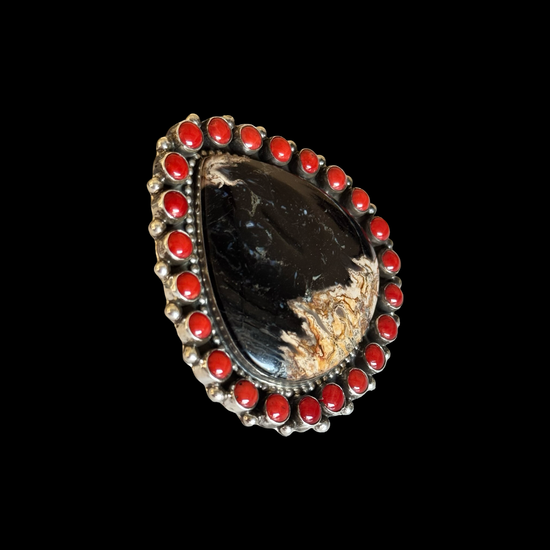 Picture Jasper & Mediterranean Coral (Adjustable) ring handcrafted by Native American artist Geraldine James