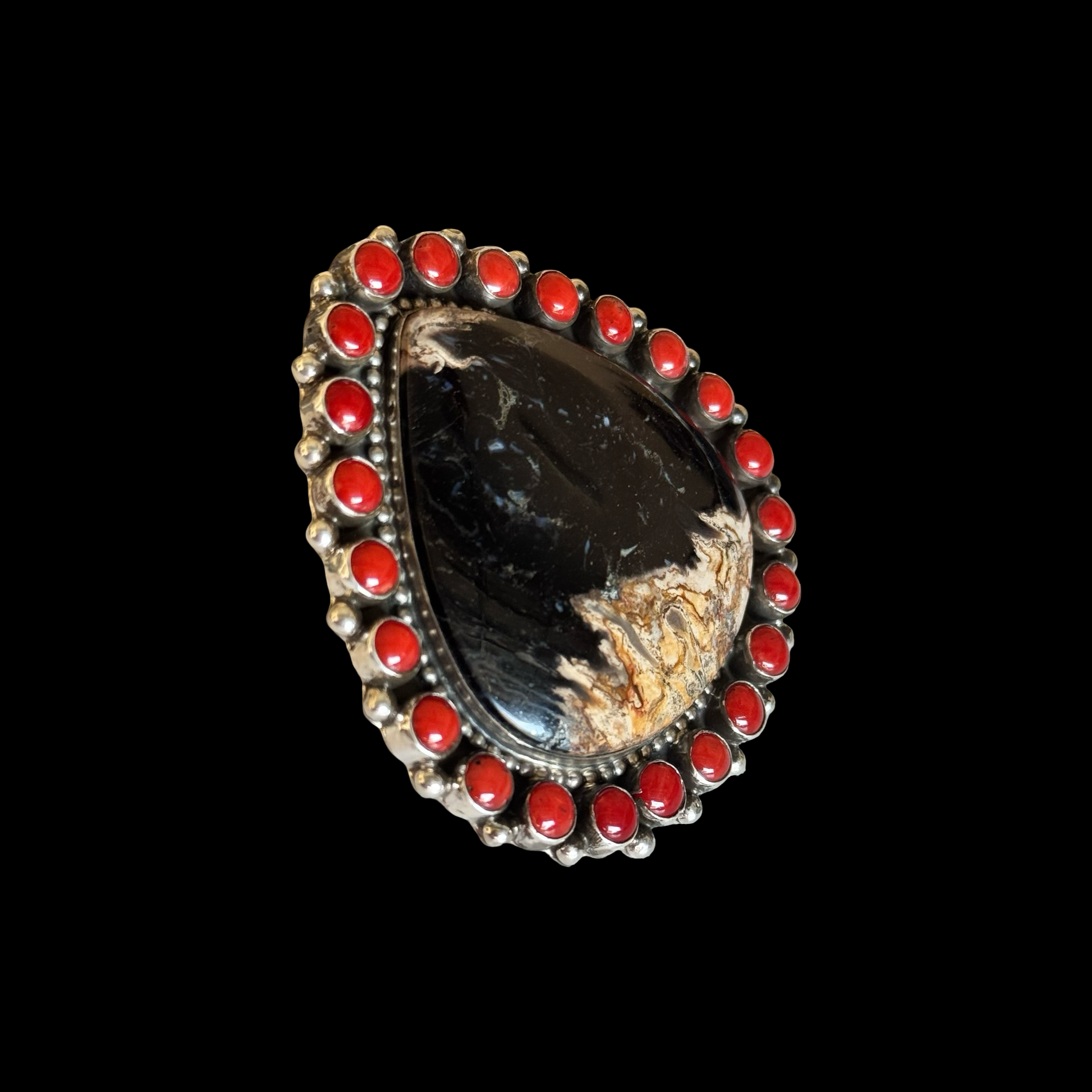 Picture Jasper & Mediterranean Coral (Adjustable) ring handcrafted by Native American artist Geraldine James
