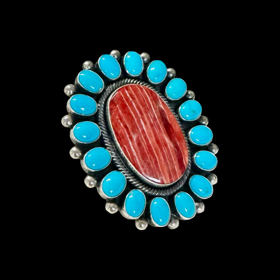 Sleeping Beauty Turquoise and Red Spiny Oyster ring handcrafted by Native American artist Ernest Roy Begay