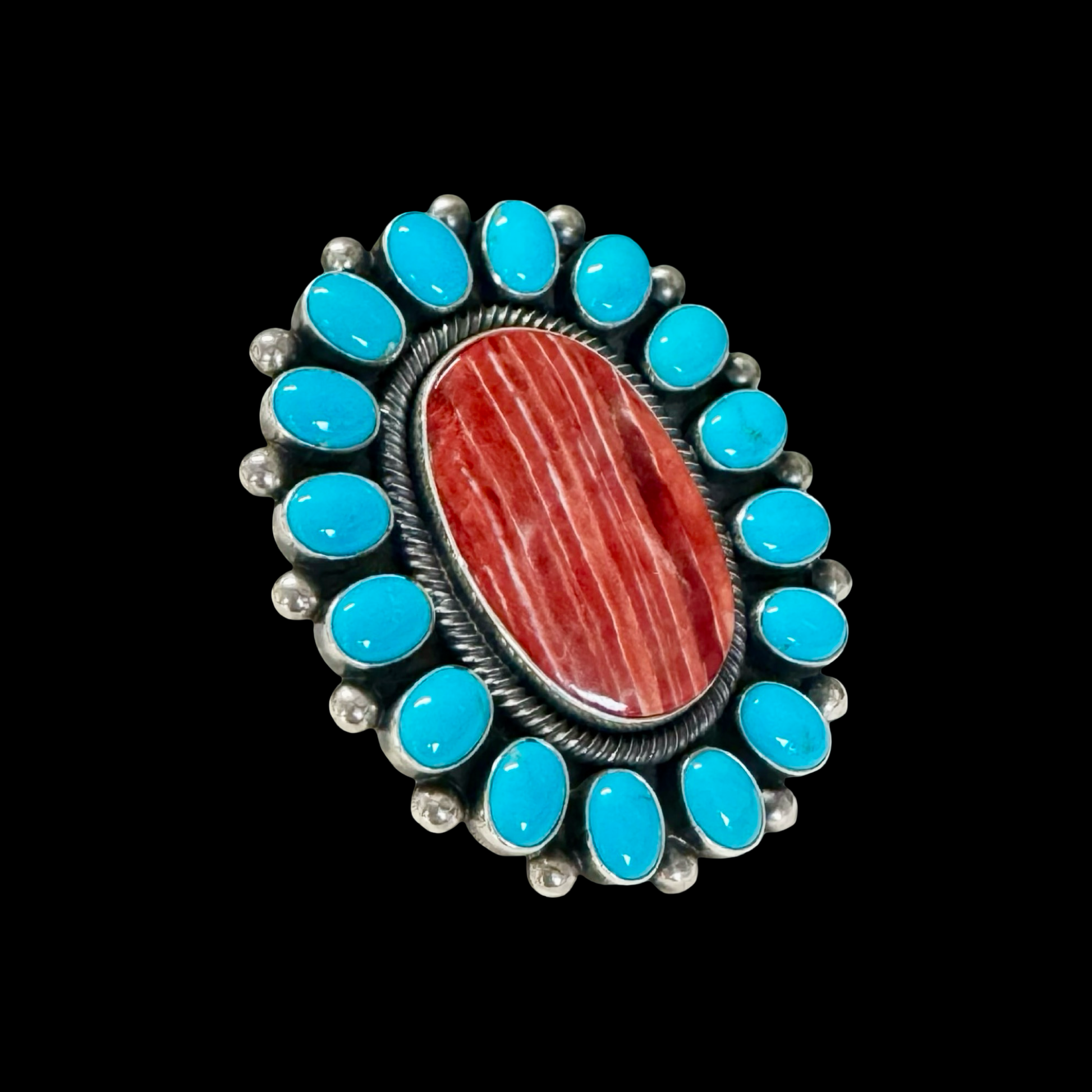 Sleeping Beauty Turquoise and Red Spiny Oyster ring handcrafted by Native American artist Ernest Roy Begay