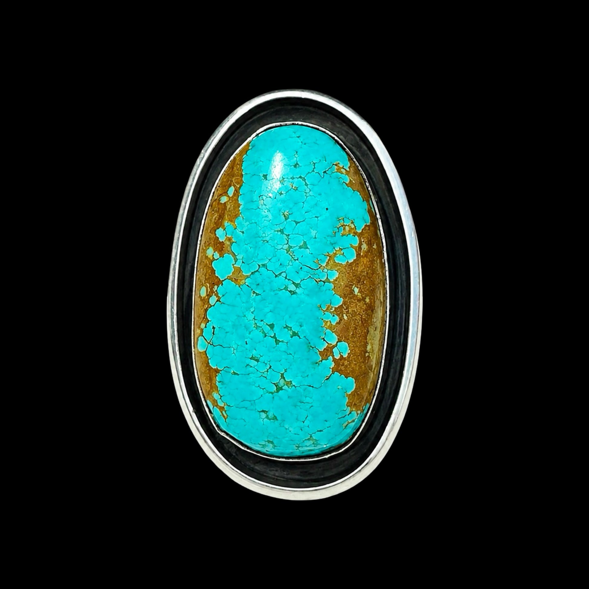 Shadowbox Mine #8 Turquoise ring handcrafted by Native American artist Lorenzo and Jerilyn Chee