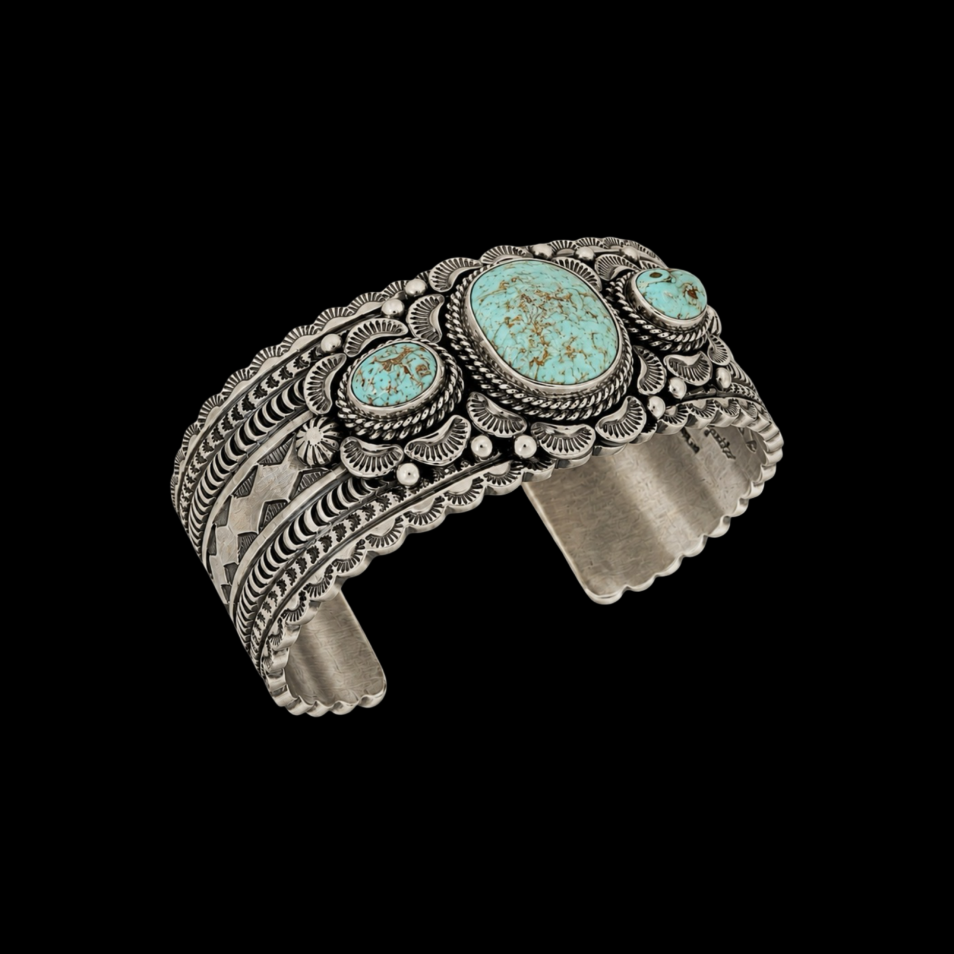 3 Stone Dry Creek Turquoise bracelet handcrafted by Native American artist June Delgarito
